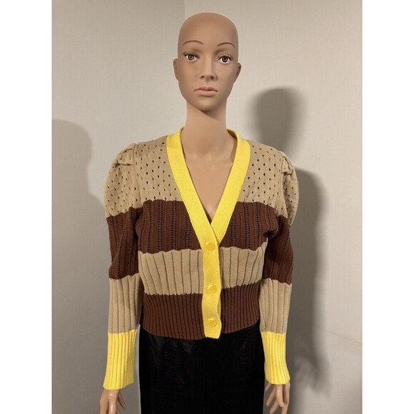 Calligraphie Sweaters - Calligraphie Brown Yellow Stripe Cotton Blend V Neck Puff Sleeve Cardigan XL